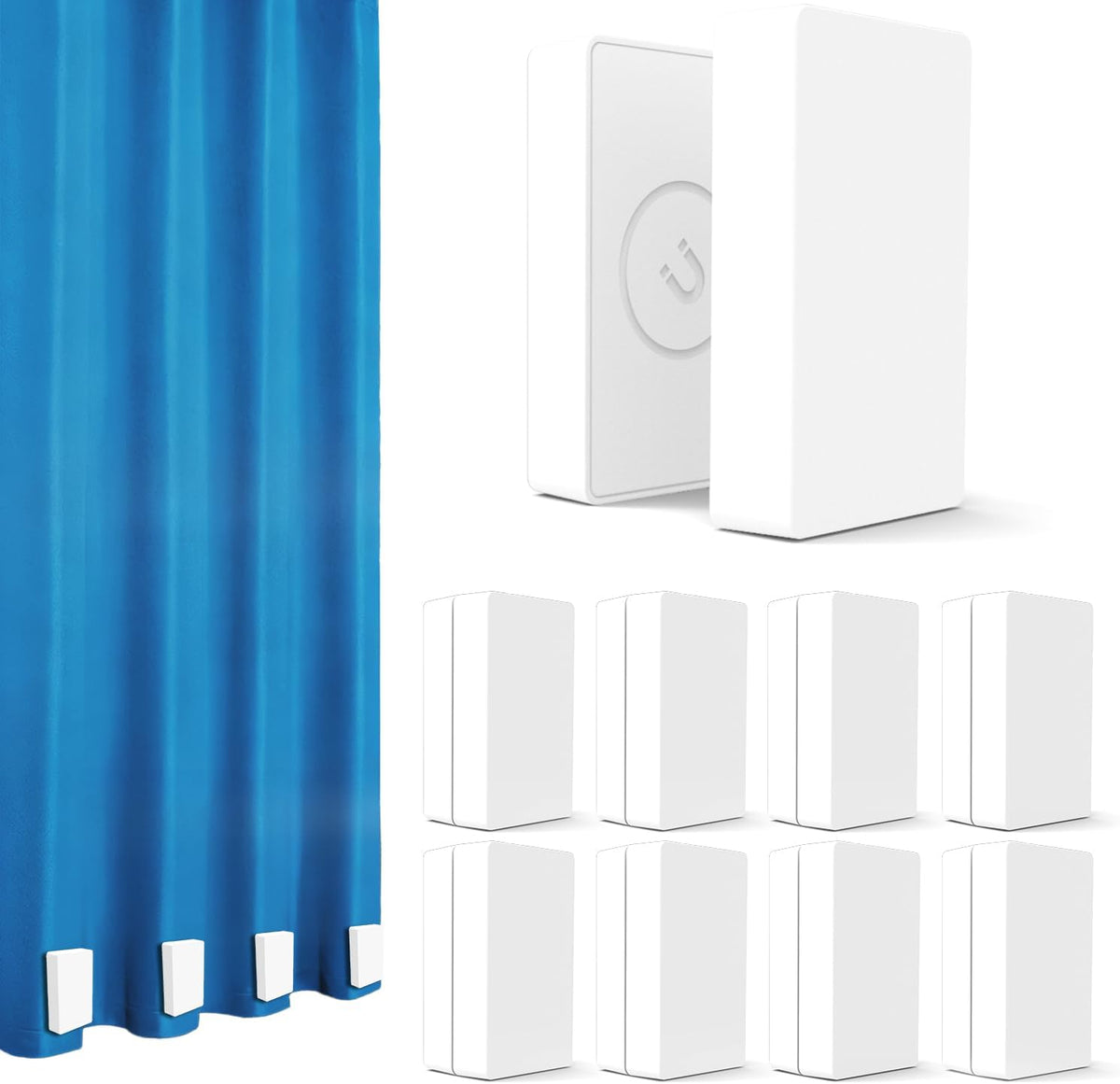 Light beige plastic magnetic curtain weights eight-pair set with two close-ups, eight-unit layout, and blue curtain hem