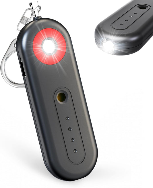 Black personal emergency alarm keychain with red alert light on
