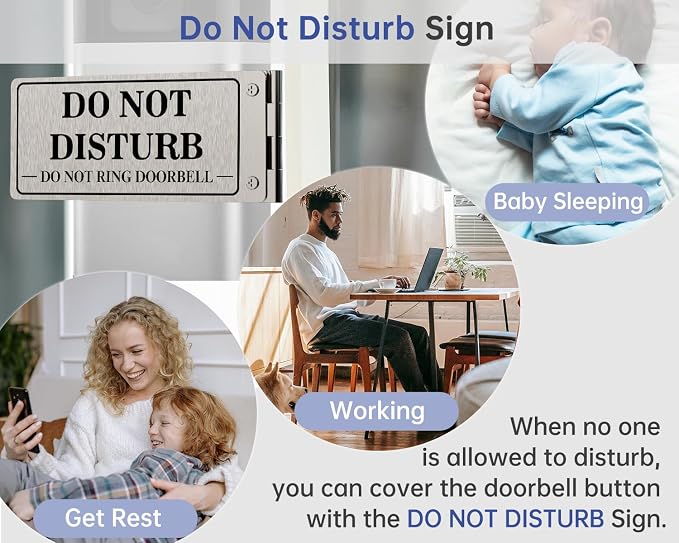 Do Not Disturb doorbell sign close-up with rest, work, and baby-sleeping scenes