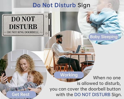 Do Not Disturb doorbell sign close-up with rest, work, and baby-sleeping scenes