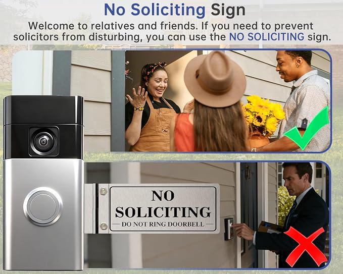 No Soliciting doorbell sign with guest welcome scene and solicitor button blocked