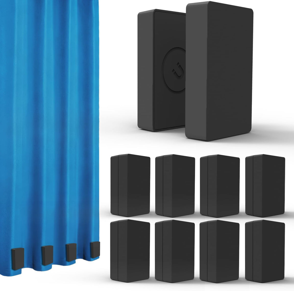Black plastic magnetic curtain weights eight-pair set with two close-ups, eight-unit layout, and blue curtain hem