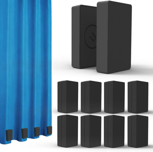 Black plastic magnetic curtain weights eight-pair set with two close-ups, eight-unit layout, and blue curtain hem