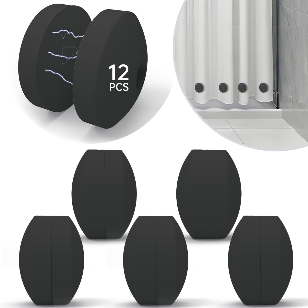 Black silicone magnetic curtain weights, one pair on the curtain and five units below