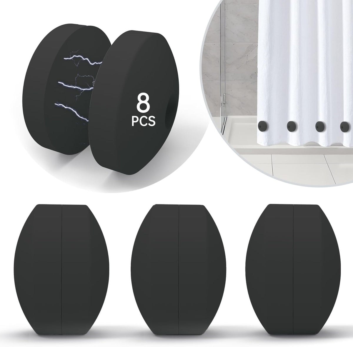 Black silicone magnetic curtain weights, one pair on the curtain and three units below