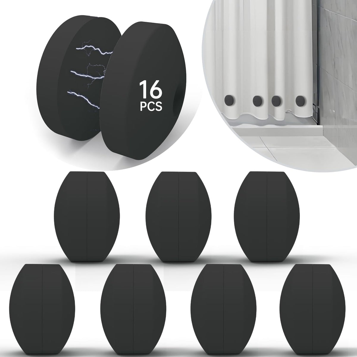 Black silicone magnetic curtain weights, one pair on the curtain and four units in a group