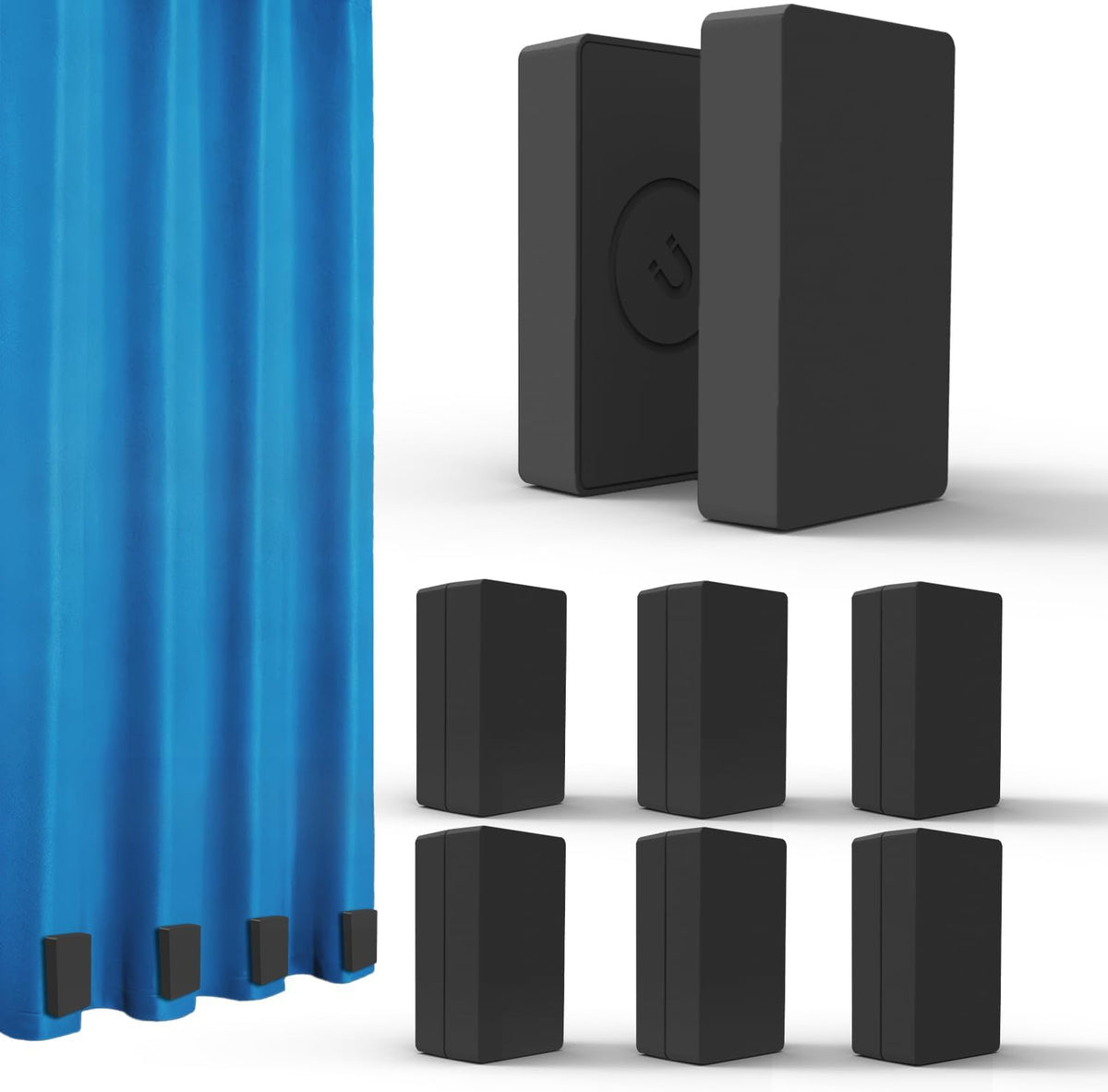 Black plastic magnetic curtain weights six-pair set with two close-ups, six-unit layout, and blue curtain hem