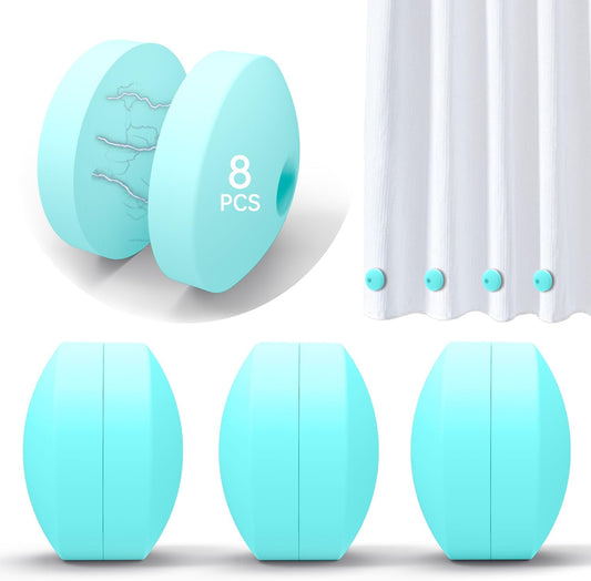 Blue silicone magnetic curtain weights 8-piece set, one pair on the curtain and three units below