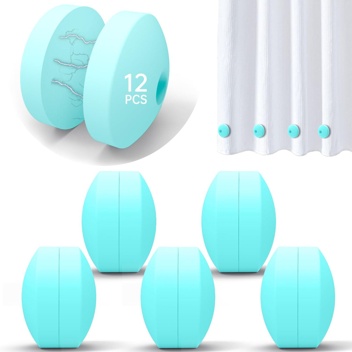Blue silicone magnetic curtain weights, one pair on the curtain and three units below