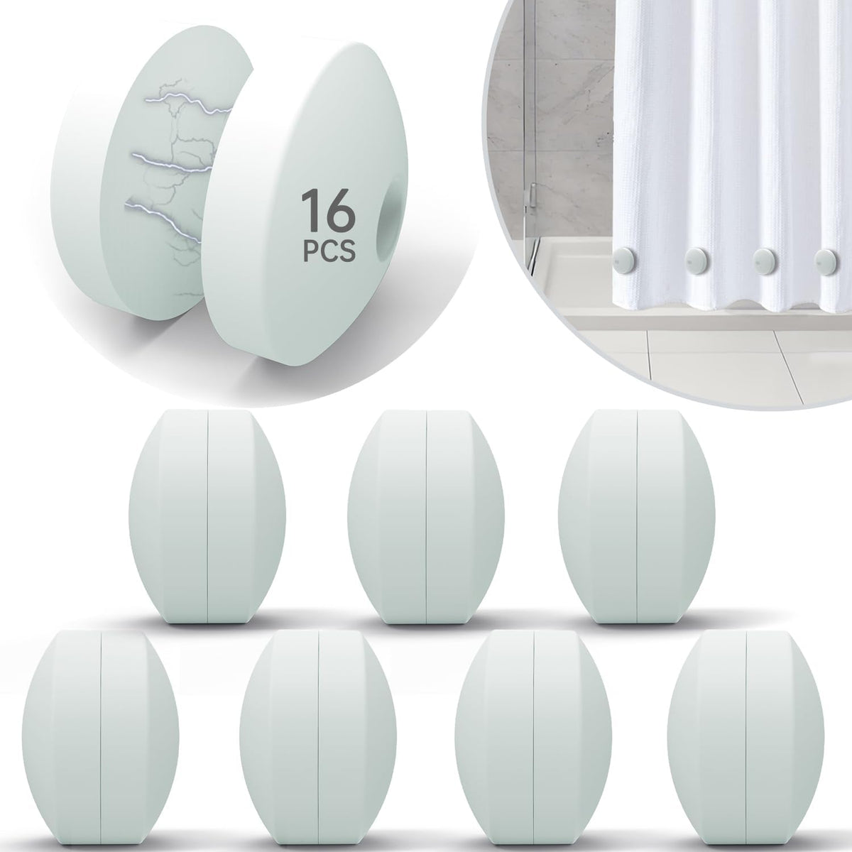 Gray silicone magnetic curtain weights, one pair on the curtain and four units in a row