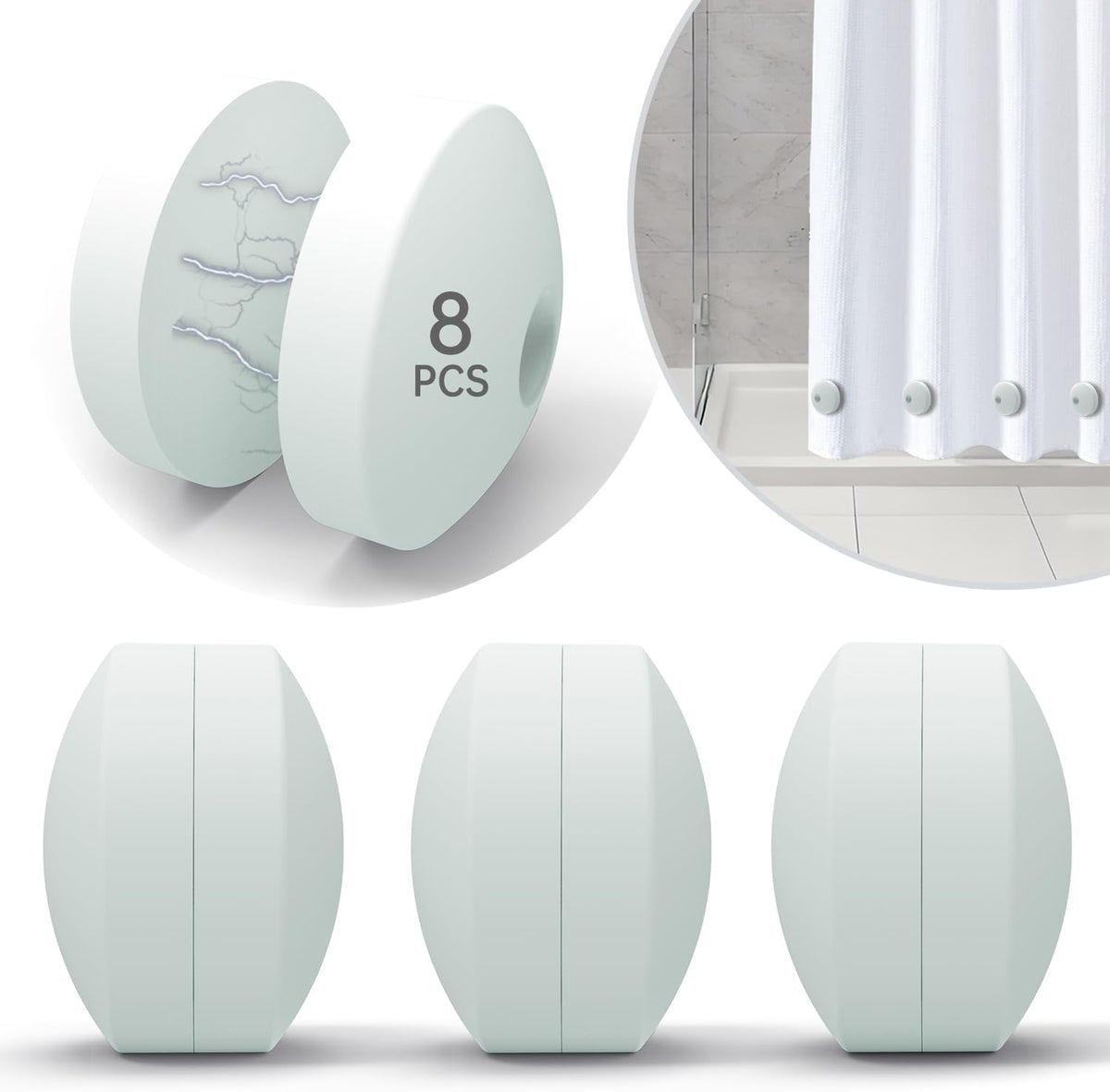 Gray silicone magnetic curtain weights, one pair on the curtain and three units below
