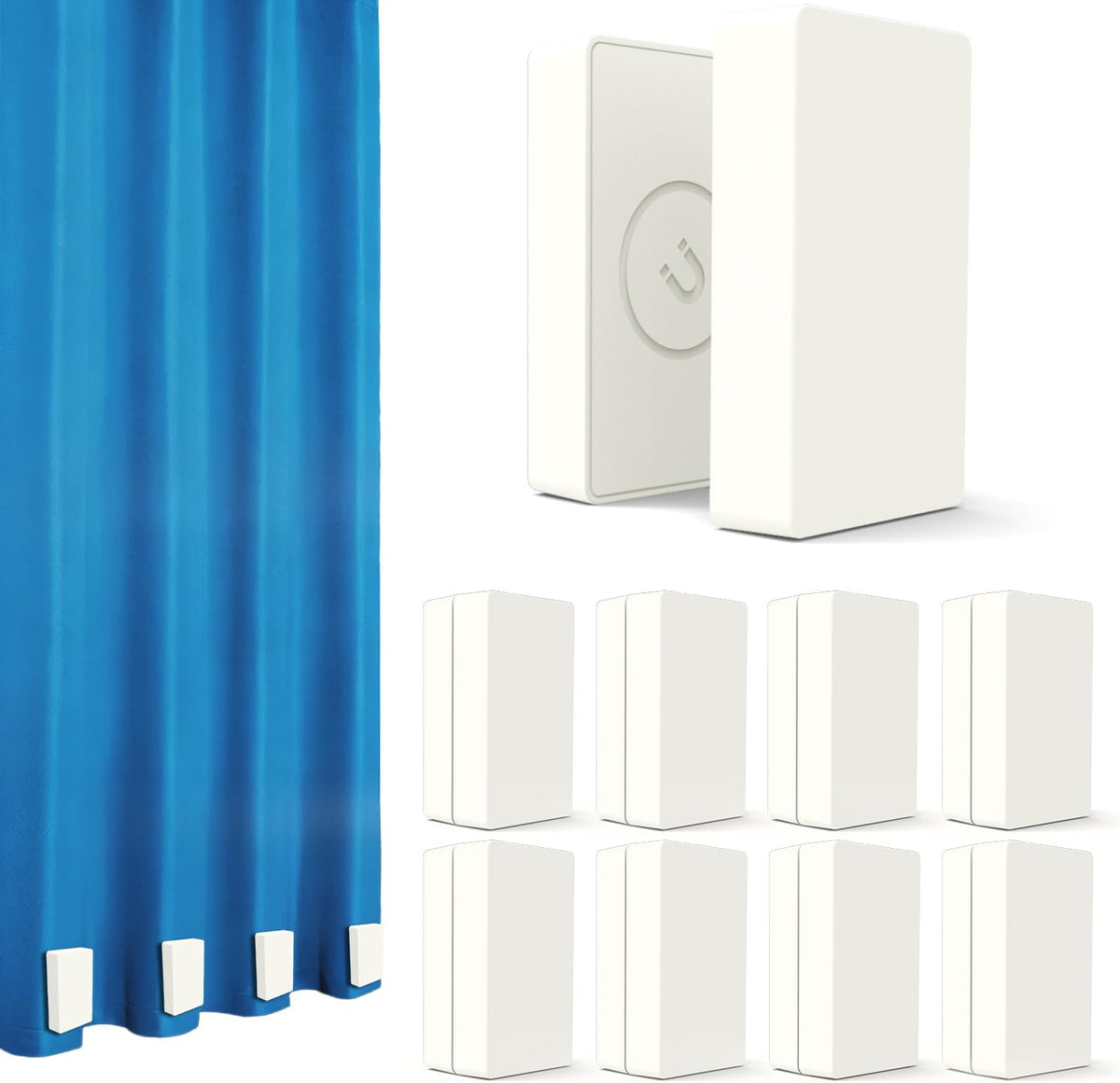 White plastic magnetic curtain weights eight-pair set with two close-ups, eight-unit layout, and blue curtain hem