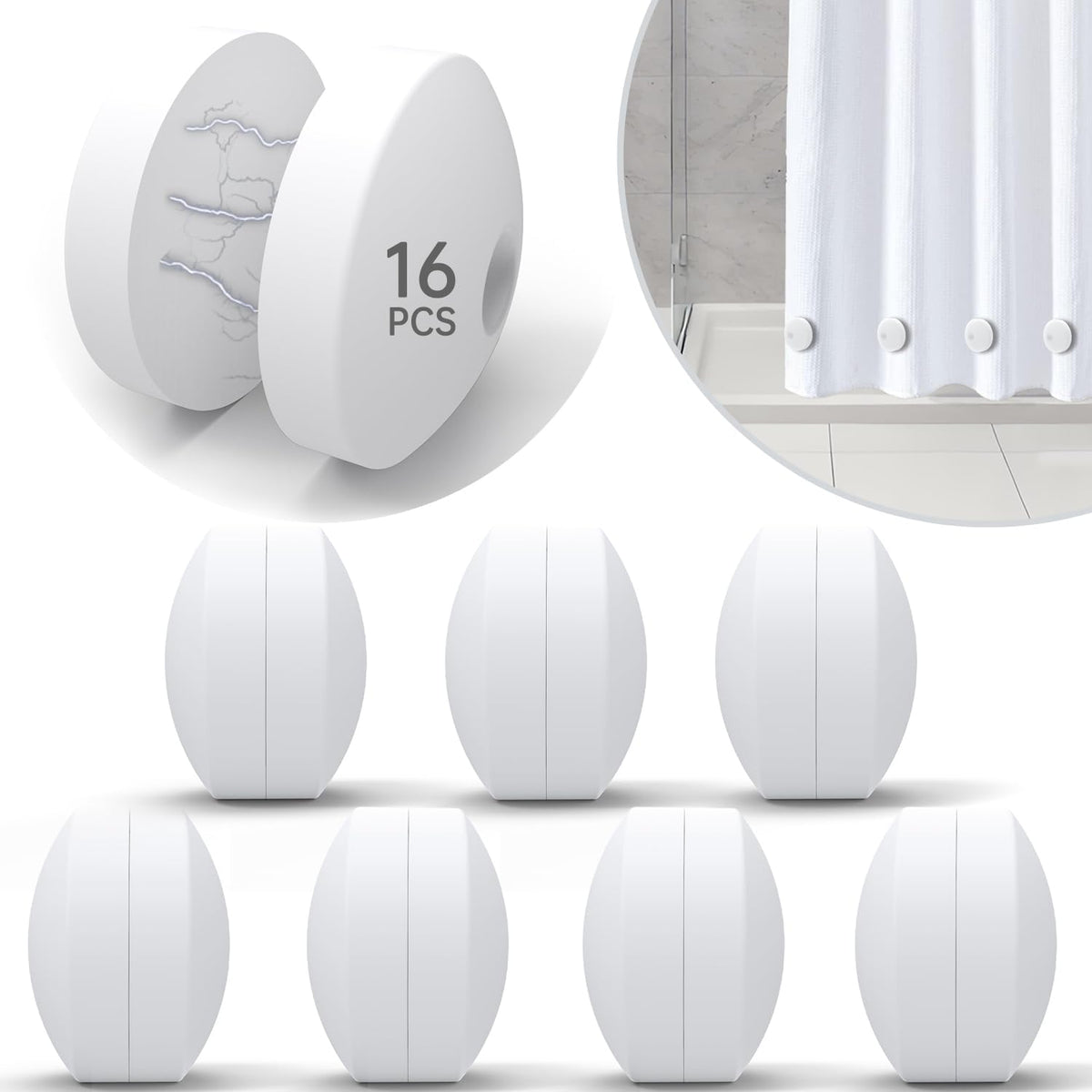 White silicone magnetic curtain weights, one pair on the curtain and four units in a row