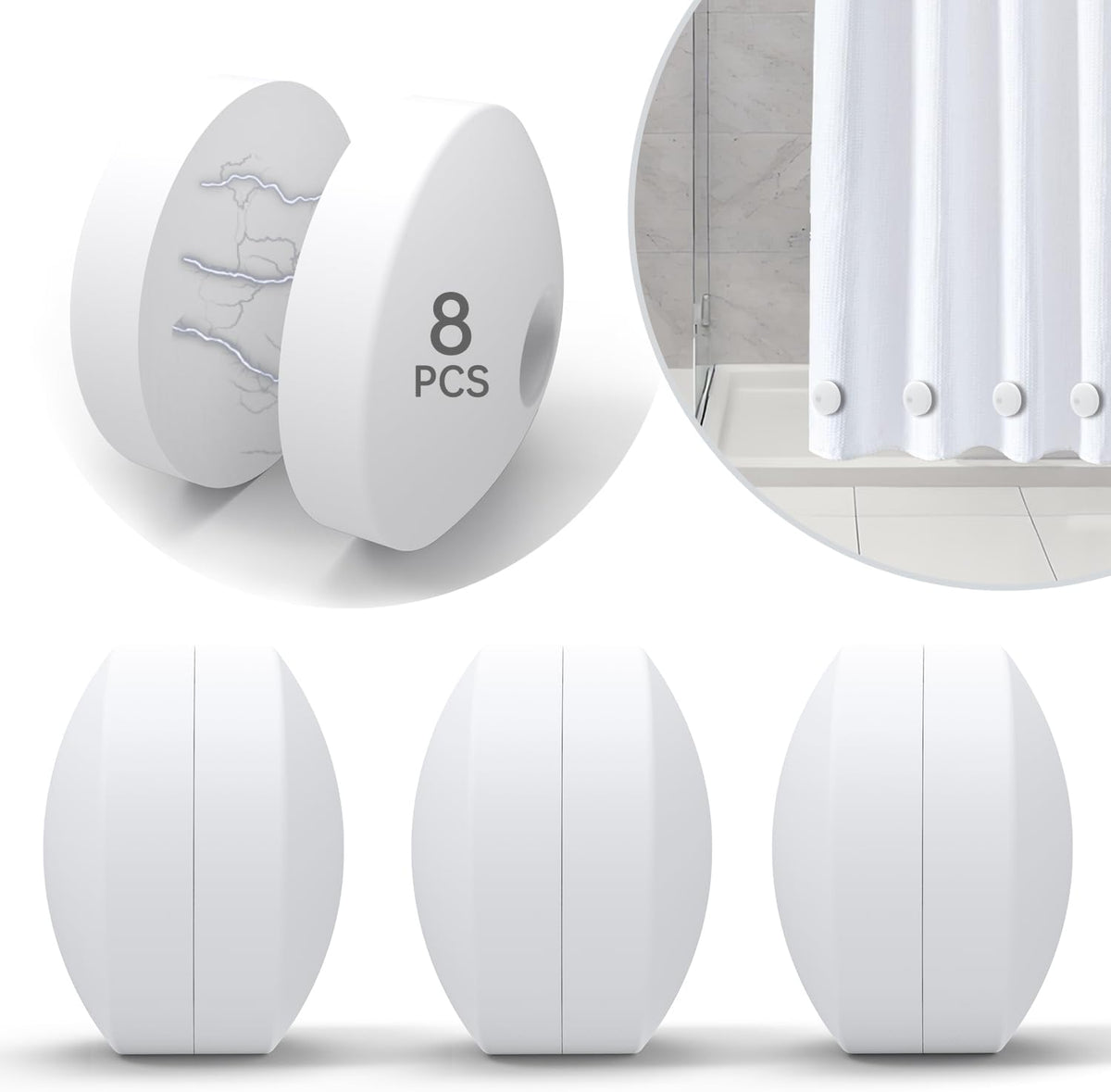 White silicone magnetic curtain weights, one pair on the curtain and three units below