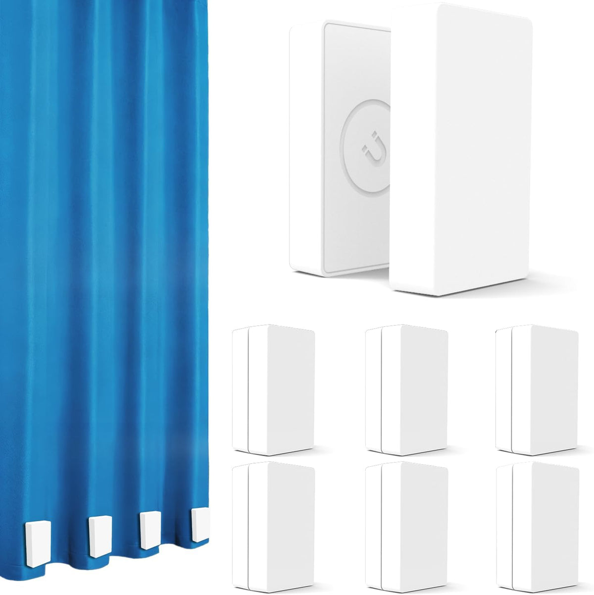 White plastic magnetic curtain weights two-unit close-up clipped on a blue curtain hem