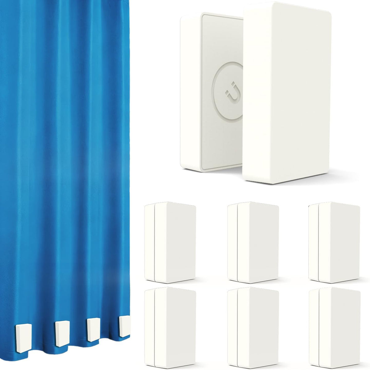 White plastic magnetic curtain weights six-pair set with two close-ups, six-unit layout, and blue curtain hem