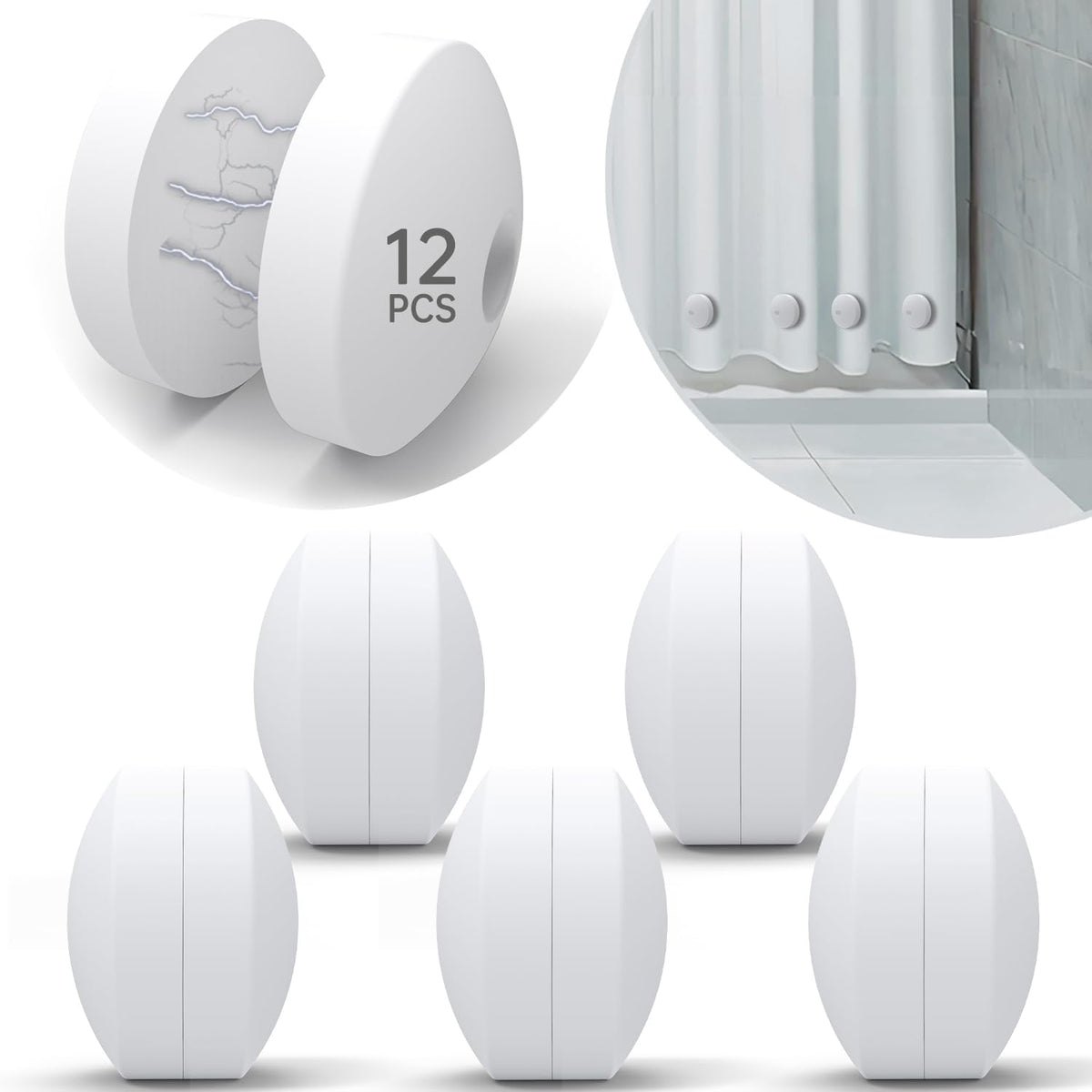 White silicone magnetic curtain weights front three-unit view with curtain clip