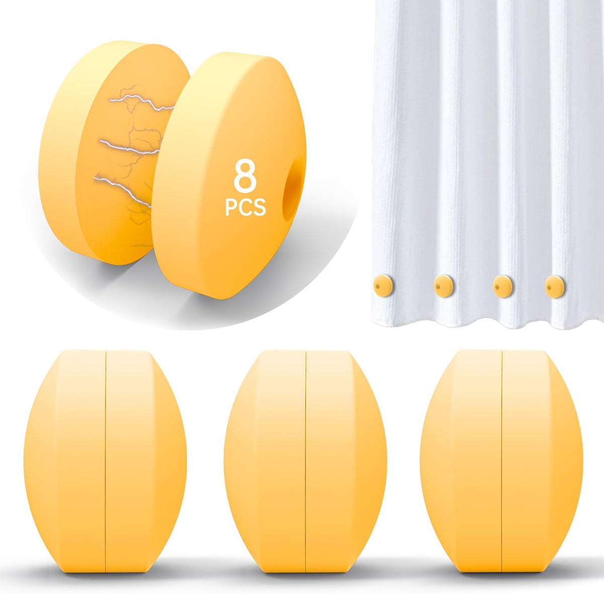 Yellow silicone magnetic curtain weights on curtain with three-unit layout