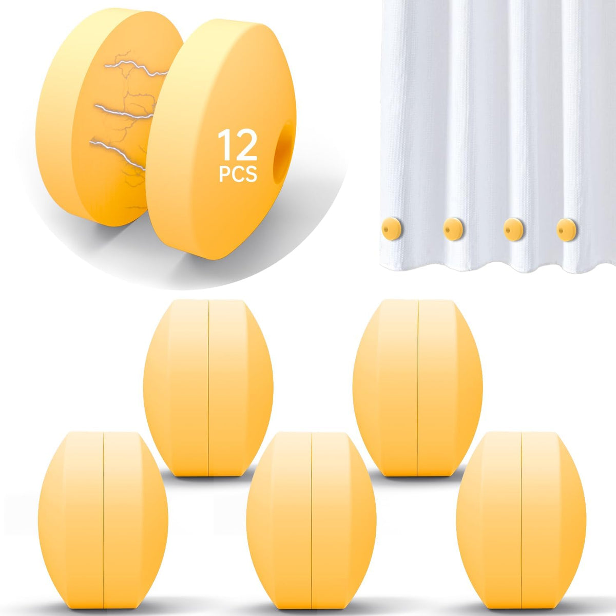 Yellow silicone magnetic curtain weights, one pair on the curtain and three units below