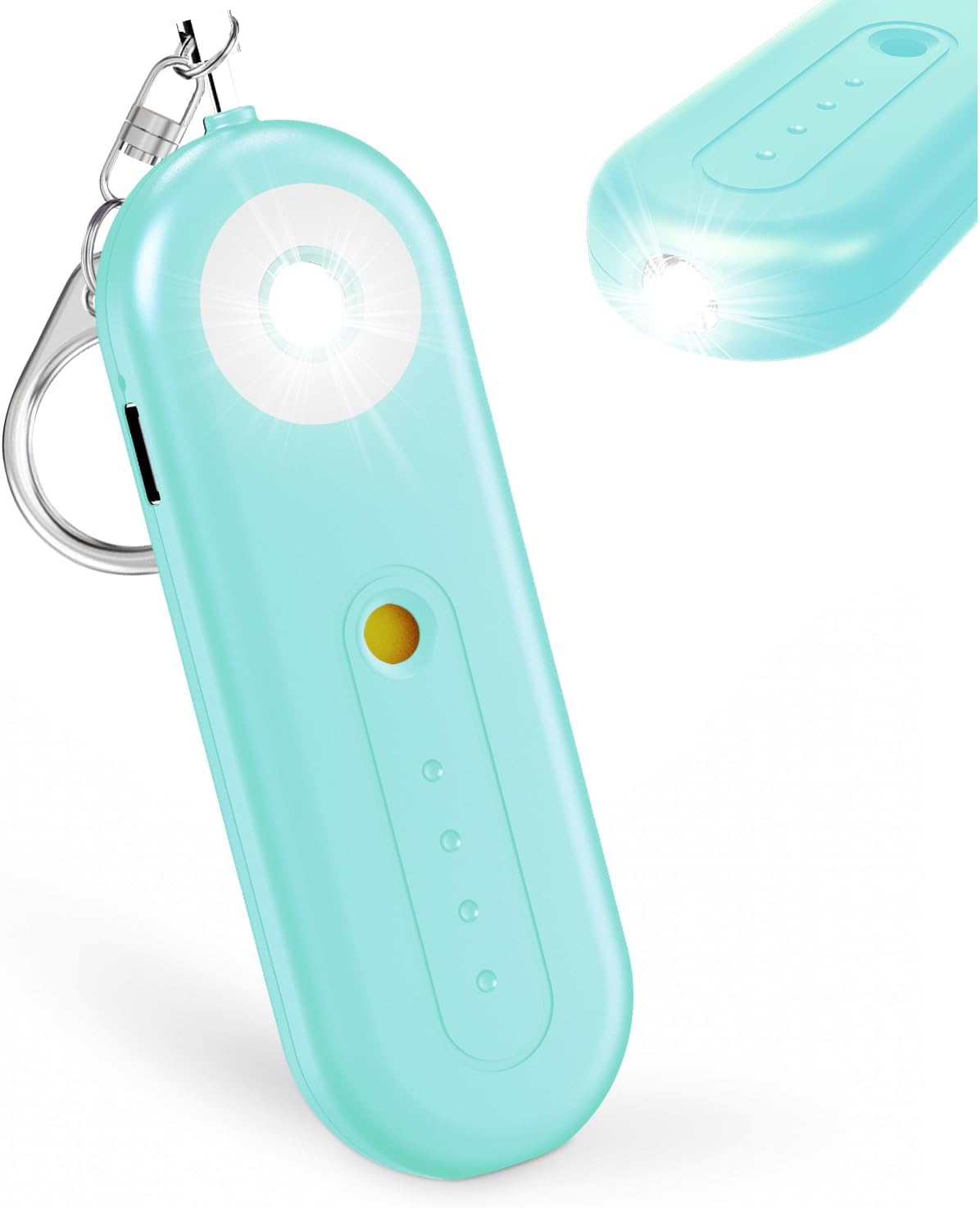 Personal emergency alarm keychain front view and back flashlight glow