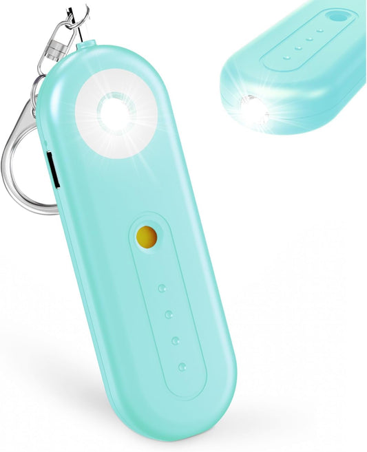 Personal emergency alarm keychain front view and back flashlight glow