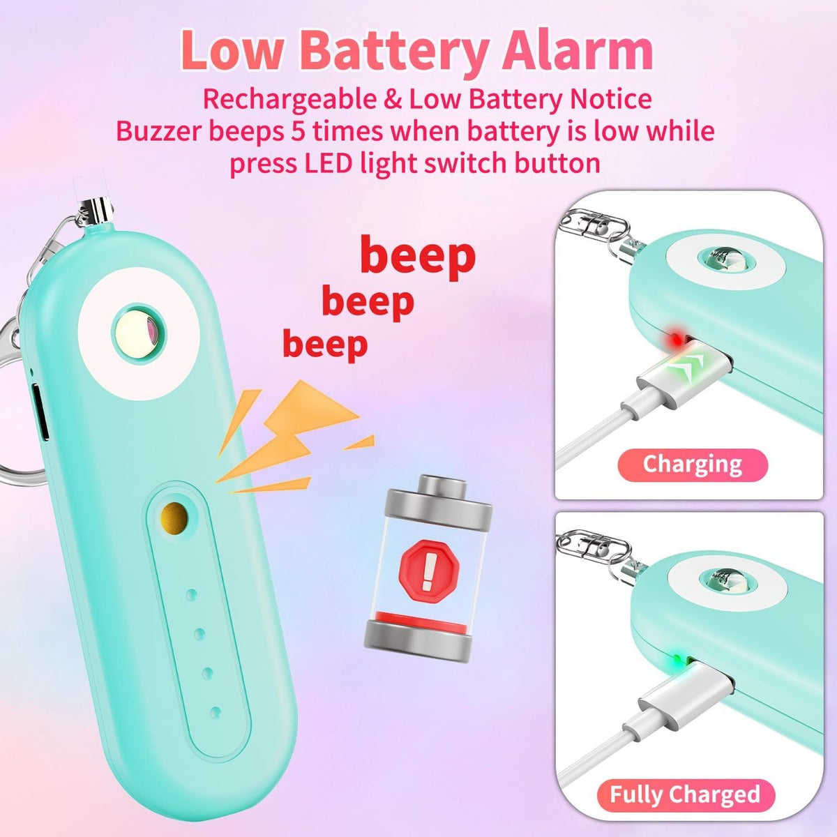 Personal emergency alarm keychain low-battery alert, test pin, and USB-C charging