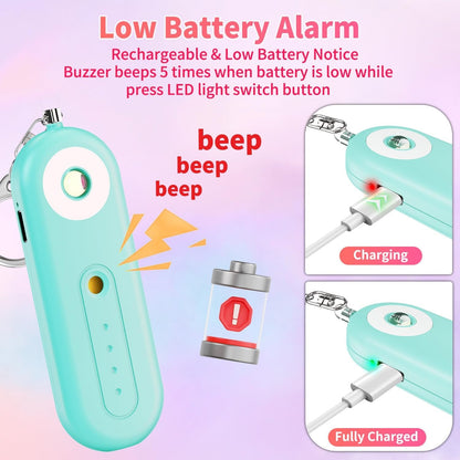 Personal emergency alarm keychain low-battery alert, test pin, and USB-C charging