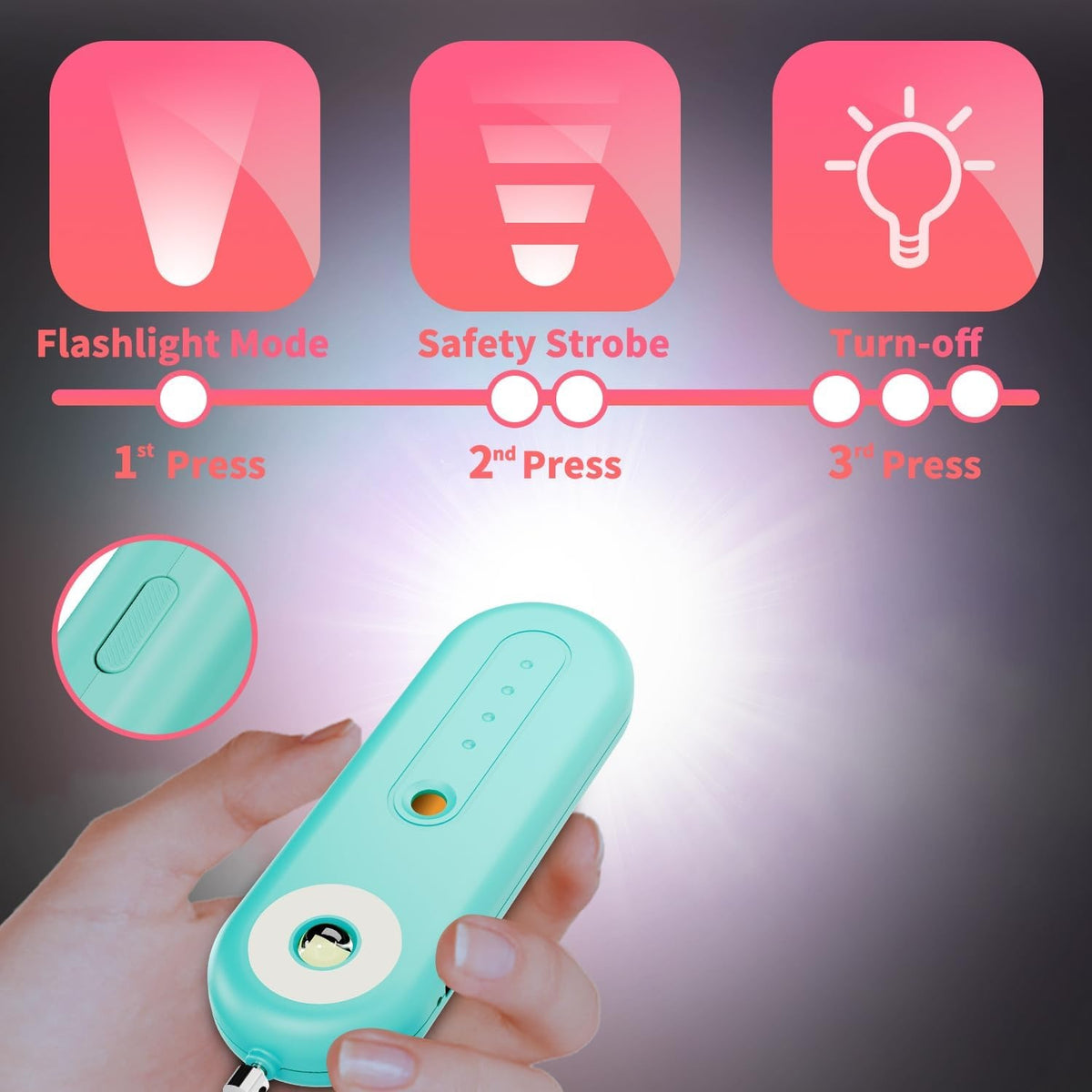Personal emergency alarm keychain three light modes: flashlight, strobe, and off